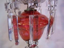2 Antique Crystal Cut Glass Table Lamps with Prisms Ruby Hurricane Shades LUSTRE