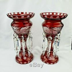 2 Antique Etched Bohemian Ruby Red Glass Mantle Lusters With Cut Crystal Prisms