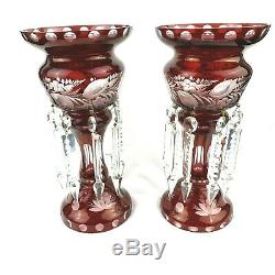 2 Antique Etched Bohemian Ruby Red Glass Mantle Lusters With Cut Crystal Prisms