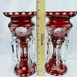 2 Antique Etched Bohemian Ruby Red Glass Mantle Lusters With Cut Crystal Prisms