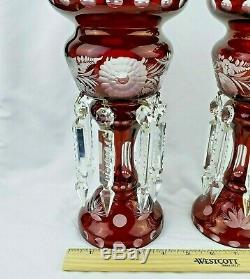 2 Antique Etched Bohemian Ruby Red Glass Mantle Lusters With Cut Crystal Prisms
