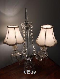 2 Antique French Candelabra Lamps Prisms Crystal Cut Glass Pyramid Finial