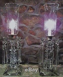 2 Elegant Antique Art Deco Crystal Hurricane Candelabra Lamps Cut Glass Chimneys