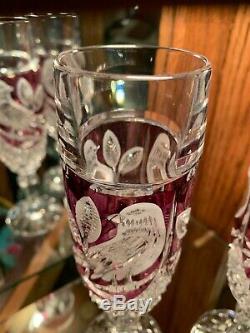2 Hofbauer Byrdes Champagne Flutes Ruby Red Cut Clear Crystal Frosted Birds