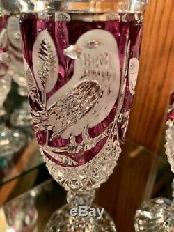 2 Hofbauer Byrdes Champagne Flutes Ruby Red Cut Clear Crystal Frosted Birds