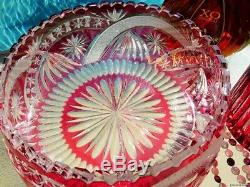 2 Huge Vintage Ruby Red Glass Bohemian Cut Clear Crystal Vase Centerpiece Bowl