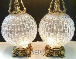 2 Ornate Brass Table Lamp Cut Glass Crystal Prism Waterfall Globe Vtg Antique