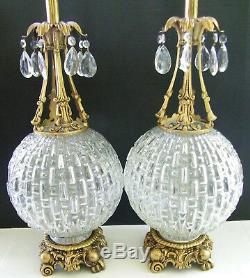 2 Ornate Brass Table Lamp Cut Glass Crystal Prism Waterfall Globe Vtg Antique