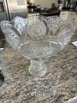 2 Pc. Antique Cut Glass Crystal 12 Tall Punch Bowl withFooted Base