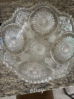 2 Pc. Antique Cut Glass Crystal 12 Tall Punch Bowl withFooted Base