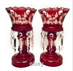 2 Stunning Antq Bohemian Cut Glass Mantle Lusters Lustres Candle Holders Prisms