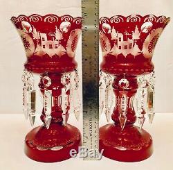 2 Stunning Antq Bohemian Cut Glass Mantle Lusters Lustres Candle Holders Prisms