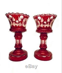 2 Stunning Antq Bohemian Cut Glass Mantle Lusters Lustres Candle Holders Prisms