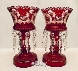 2 Stunning Antq Bohemian Cut Glass Mantle Lusters Lustres Candle Holders Prisms