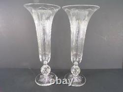 2 Vases PAIRPOINT Rock Crystal Intaglio Gravic Cut Glass Bullicante Trumpet 12H