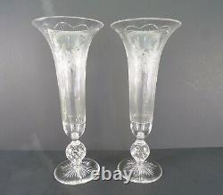 2 Vases PAIRPOINT Rock Crystal Intaglio Gravic Cut Glass Bullicante Trumpet 12H