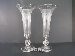 2 Vases PAIRPOINT Rock Crystal Intaglio Gravic Cut Glass Bullicante Trumpet 12H
