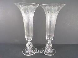 2 Vases PAIRPOINT Rock Crystal Intaglio Gravic Cut Glass Bullicante Trumpet 12H