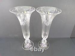 2 Vases PAIRPOINT Rock Crystal Intaglio Gravic Cut Glass Bullicante Trumpet 12H
