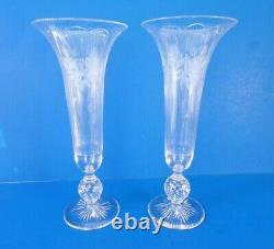 2 Vases PAIRPOINT Rock Crystal Intaglio Gravic Cut Glass Bullicante Trumpet 12H