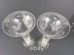 2 Vases PAIRPOINT Rock Crystal Intaglio Gravic Cut Glass Bullicante Trumpet 12H