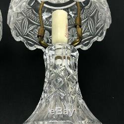2 Vintage Clear Cut Crystal Glass Boudoir Parlor Table Lamps 11.5 Floral