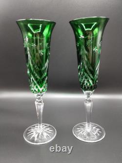 (2) Waterford Crystal Emerald Green Champagne Flutes Glasses