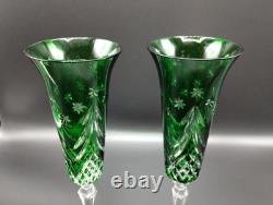 (2) Waterford Crystal Emerald Green Champagne Flutes Glasses