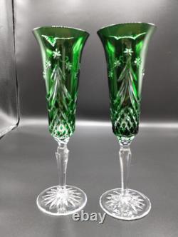 (2) Waterford Crystal Emerald Green Champagne Flutes Glasses