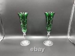 (2) Waterford Crystal Emerald Green Champagne Flutes Glasses