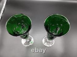 (2) Waterford Crystal Emerald Green Champagne Flutes Glasses