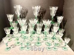 35 Pc Hawkes Cut Crystal Green Stem Water Goblet, Wine/claret, Cordial Champagne