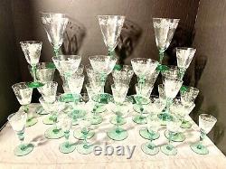 35 Pc Hawkes Cut Crystal Green Stem Water Goblet, Wine/claret, Cordial Champagne