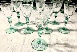 35 Pc Hawkes Cut Crystal Green Stem Water Goblet, Wine/claret, Cordial Champagne