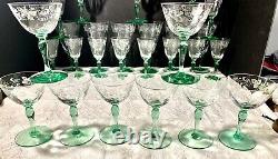 35 Pc Hawkes Cut Crystal Green Stem Water Goblet, Wine/claret, Cordial Champagne