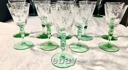 35 Pc Hawkes Cut Crystal Green Stem Water Goblet, Wine/claret, Cordial Champagne