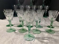 35 Pc Hawkes Cut Crystal Green Stem Water Goblet, Wine/claret, Cordial Champagne