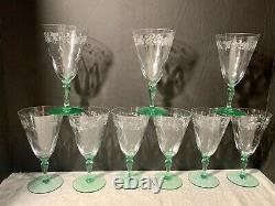 35 Pc Hawkes Cut Crystal Green Stem Water Goblet, Wine/claret, Cordial Champagne