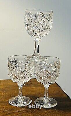 3 Antique American Brilliant Period Hand Cut Crystal Wine glasses Discontinued