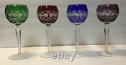 4 AJKA Crystal Cut Clear Hock Wine Goblets Multi blue red green purple
