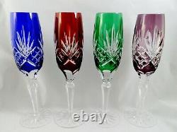 4 AJKA Cut Clear Crystal Glass Champagne Flute Carolyne Blue Red Green Purple