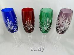 4 AJKA Cut Clear Crystal Glass Champagne Flute Carolyne Blue Red Green Purple