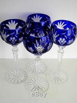 4 AJKA MARTISA cobalt blue cased cut to clear Hungarian crystal wine goblets