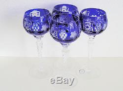 4 AJKA Marsala Cobalt Blue cased cut to clear Hungarian crystal wine goblet