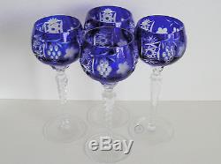 4 AJKA Marsala Cobalt Blue cased cut to clear Hungarian crystal wine goblet