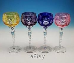 4 Ajka Marsala Cut Glass Crystal Wine Hock Goblet Set Amethyst Blue Amber Red