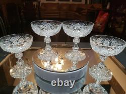 4 Apple Core stem Champagne Glasses American Brilliant Period Cut Glass crystal