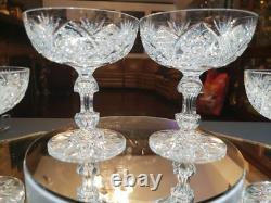 4 Apple Core stem Champagne Glasses American Brilliant Period Cut Glass crystal