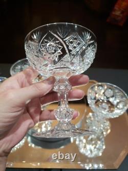 4 Apple Core stem Champagne Glasses American Brilliant Period Cut Glass crystal