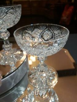 4 Apple Core stem Champagne Glasses American Brilliant Period Cut Glass crystal